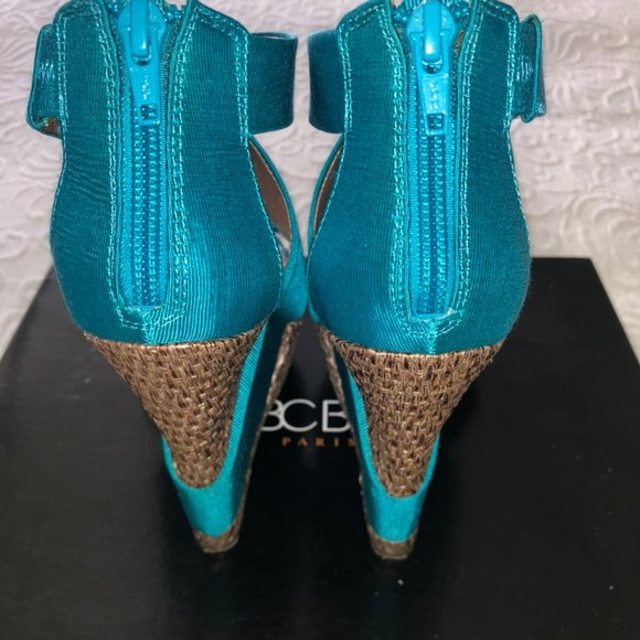 BCBG RANDO Platform Wedge Heel Sandal Teal Fabric Jute Trim Back Zip Sexy 8 - Picture 11 of 13
